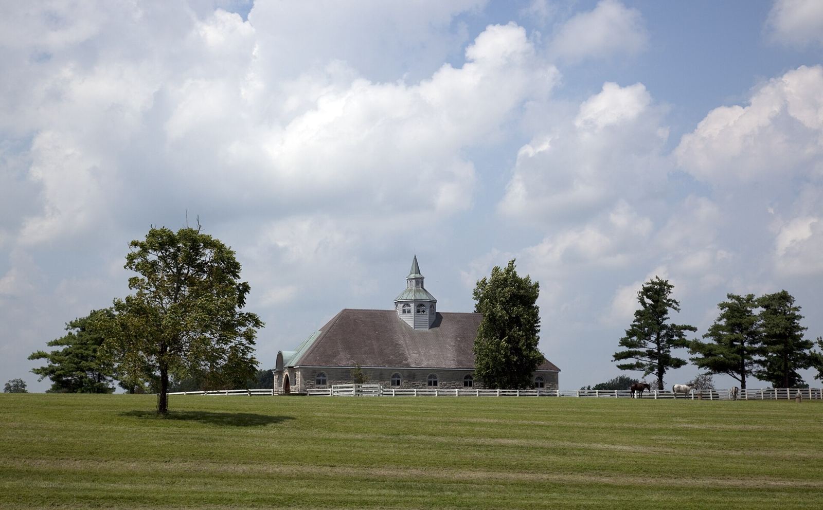 A barn with a cupola under tall clouds on a mown pasture
